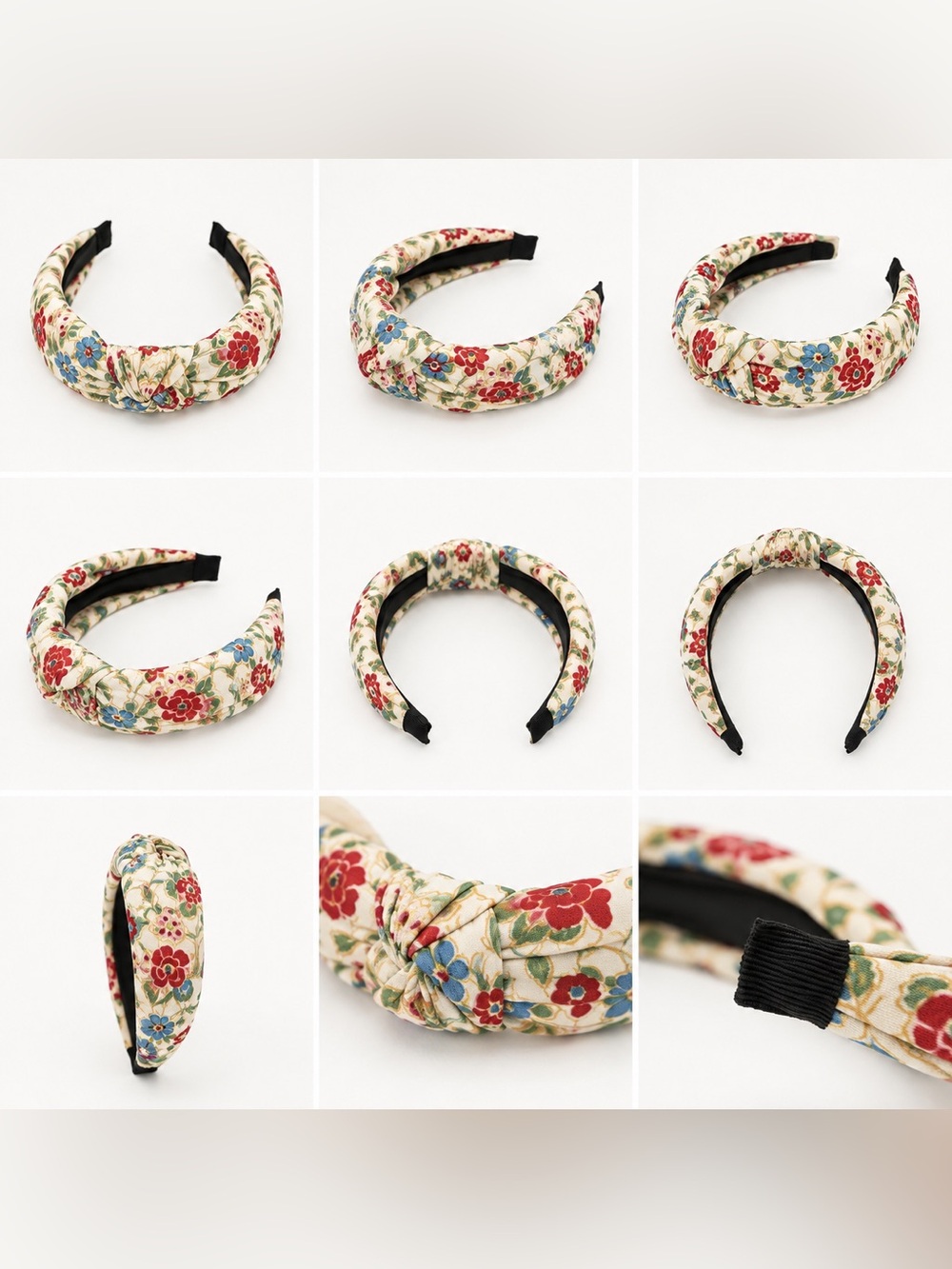 Floral Padded Knot Headband in Cream with Red & Blue Flowers